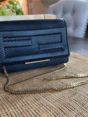 FENDI Black Snakeskin Tube Clutch with Removable Gold Chain
